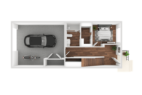 a rendering of a one bedroom apartment with a bathroom and a bedroom with a bed and a